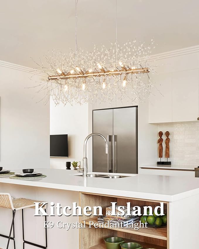 Modern 35.4" Modern Gold Crystal Firework Chandelier, 12-Light Pendant Light Fixture, Rectangle Linear Sputnik Dandelion Chandeliers for Dining Room Kitchen Living Room
