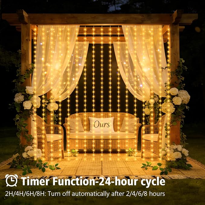 echosari Curtain Lights Battery Operated 9.8 x 9.8Ft with Timer Warm White | 300 LED Fairy Lights for Bedroom Wedding Backdrop Indoor Christmas Decor