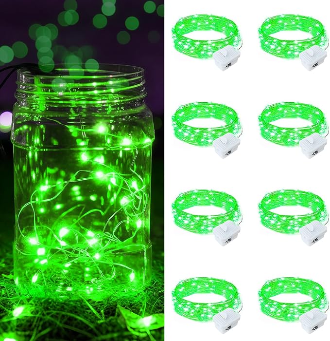 8 Pack Green Fairy Lights Battery Operated, 7ft 20 LED Mini String Twinkle Lights for St. Patrick's Day Christmas Halloween Mason Jars Centerpiece Table Decorations (8, Green)