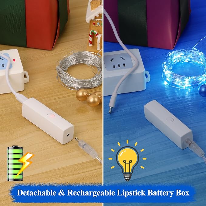 16FT(5M) Blue Fairy Lights, Rechargeable Battery Operated Mini LED String Lights with Timer, 8 Modes Waterproof Twinkle Lights for Bedroom Christmas Xmas Tree Wedding Centerpiece Table Decor