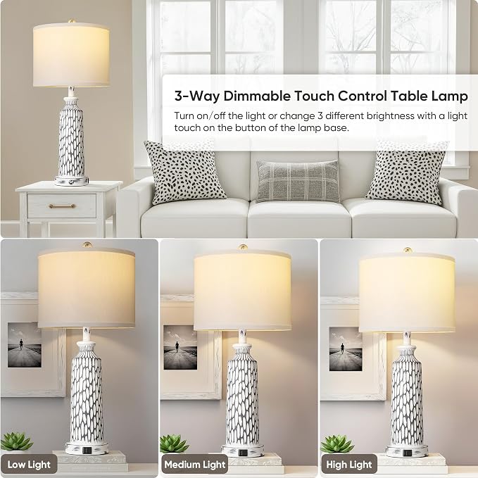 QiMH 26" Table Lamps Set of 2, Modern Bedside Lamps with USB A+C Ports, 3-Way Dimmable Touch Control & White Shade, Coastal White Gray Nightstand Lamp for Living Room Bedroom, Included 2700K LED Bulbs | USB A+C Ports, 3-Way Dimmable Touch Control, Line...