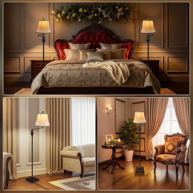 Vintage Floor Lamps for Living Room,Traditional 350° Adjustable Swing Arm Farmhouse Floor Lamp for Bedroom, Rustic Standing Lamp Pole Lamps for Reading, Home Décor and Office, Brown