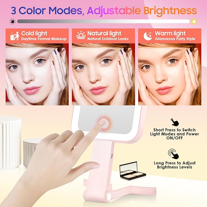 Magnifying Travel Mirror with Light, 30X/1X Double-Sided Magnifying Mirror with 3 Color Lights, Brightness Adjustable,Foldable Handheld Makeup Mirrors Portable for Travel and Desktop Use, Pink