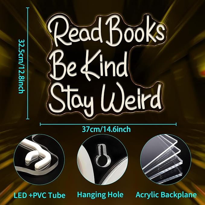 Neon Sign, JGHTURIE Read Books Neon Signs for Wall Decor Warm White Led Lights Signs for Classroom Office Library Bookshop Study Room Decoration USB Powered