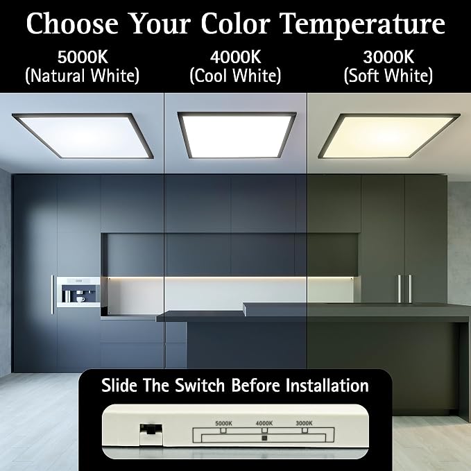 UltraLux 2x2 Surface Mount LED Panel TRIAC Dimmable 3CCT Matte Black 1Pk | 3000 lumens, 120-degree beam, CRI>80, aluminum build, damp-rated, fits junction boxes, over 50,000 hours, 5-year warranty