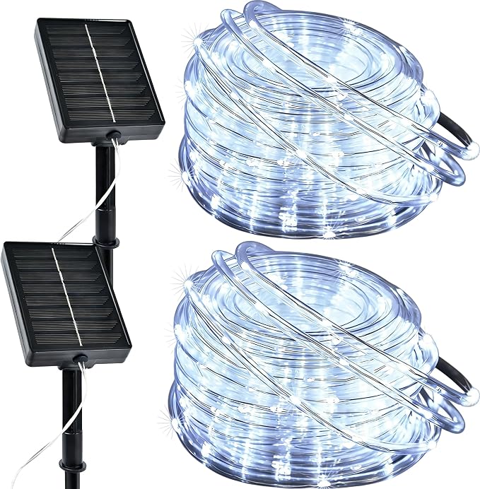 Solar Rope Lights Outdoor, 2 Packs Total 144FT 400LED Solar String Lights with 8 Lighting Modes, Waterproof Solar Powered Fairy Lights for Party Garden Yard Home Holiday Tree Decoration, Pure White