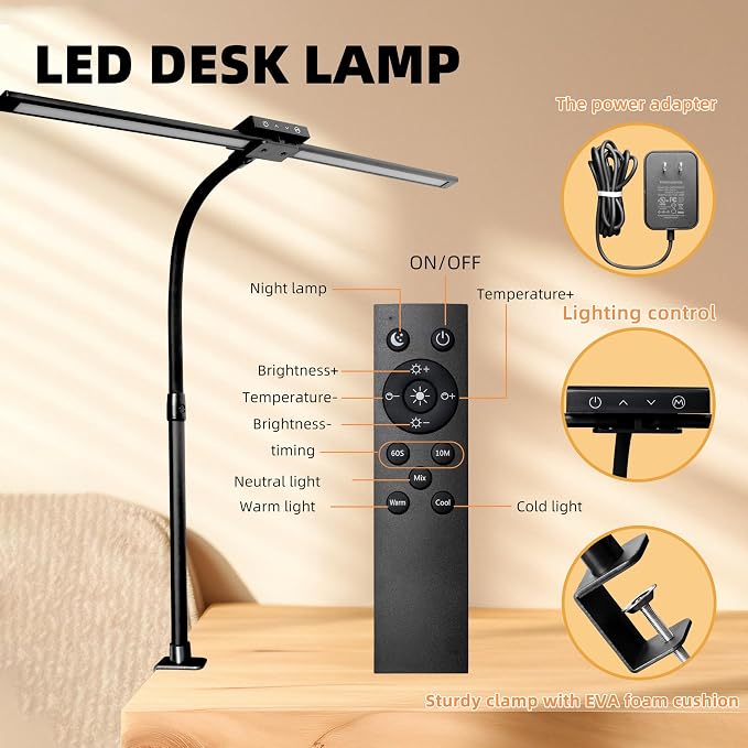 Led Desk Lamp with Clamp, Gooseneck Remote Control Desk Light with Eye Protection, 24W Ultra Bright Stepless Dimming and Tempering LED Desk Lamp for Home Office, Bedroom, Study