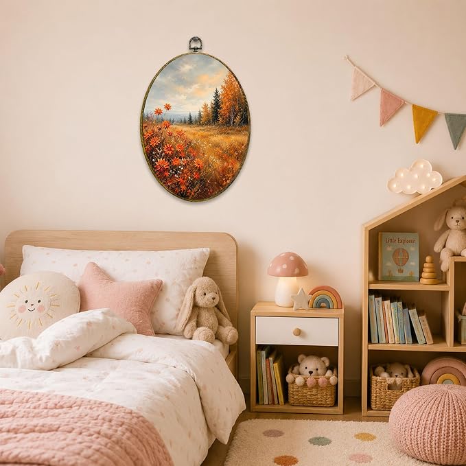 Fall Floral Oval Wall Art, Framed Canvas Decor, 8.5x11.5 Inch | Orange wildflowers, golden meadow, birch trees and rustic autumn landscape decor
