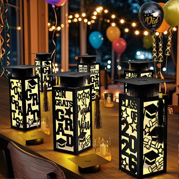 6 Pcs Graduation Table Centerpieces Boxes Class of 2026, Black Graduation Paper Lanterns Boxes with String Lights Hollow Out for Congrats Grad School College Table Decorations Grad Party Photo Props