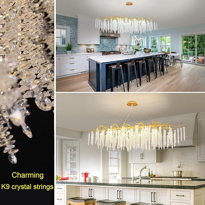 Crystal Tree Branch Chandelier L63 Inch Luxury Rectangular Crystal Raindrop Pendant Light 16 Lights Kitchen Island Hanging Light Fixture for Living Room Dining Room Foyer Entryway Gold