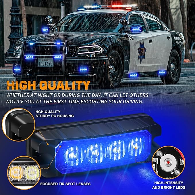 XRIDONSEN 8PCS Sync Blue Grill Emergency Lights 32 LED Grille Surface Mount Firefighter Police Lights Strobe Flashing Warning Safety Hazard First Responder Light for Vehicles Firefighters POV Trucks