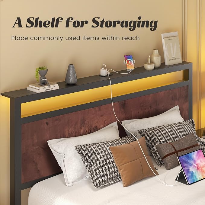 Fluest Full Bed Frame with Headboard & Footboard, Full Bed Frame with Built-in Charging Station & LED Light, Storage Shelf, Noise-Free, No Box Spring Needed, Easy Assembly, Coffee Brown