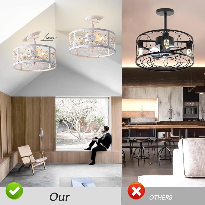 REDSTAR 15" Caged Ceiling Fans with Lights and Remote Flush Mount, White Round Industrial Ceiling Fan Light Fixture, Small Bladeless Ceiling Fan for Bedroom, Kitchen, Indoor