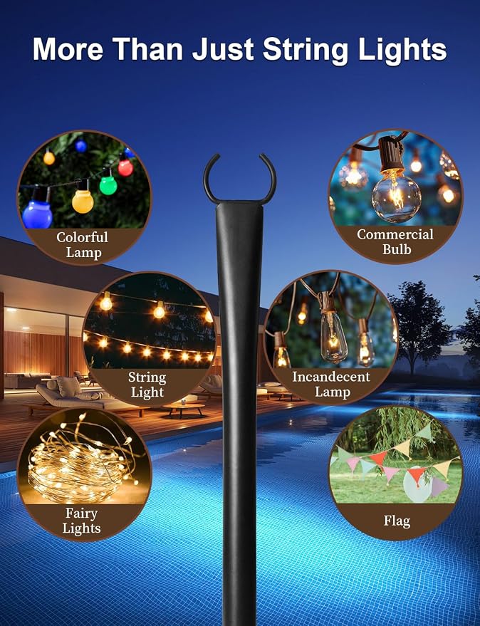 4 Pack String Light Poles for Deck, 5Ft Upgraded Heavy-Duty Metal Deck Light Poles for Outside with Fixing Clips, Lighting Hanging Post Accessories for Patio Decor Garden Backyard Yard Fence Porch