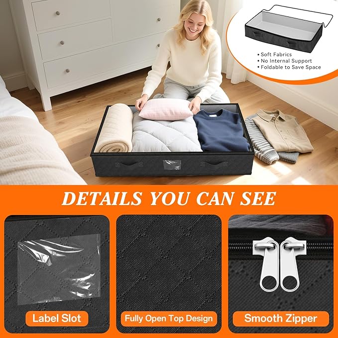 90L Under Bed Storage Containers, Storage Bags, Organizers, 6-Pack, Black | Foldable, Soft Fabric, Closet Organizers, Reinforced Handle, Label Holder, Clear Window, for Comforters, Clothing, Blankets