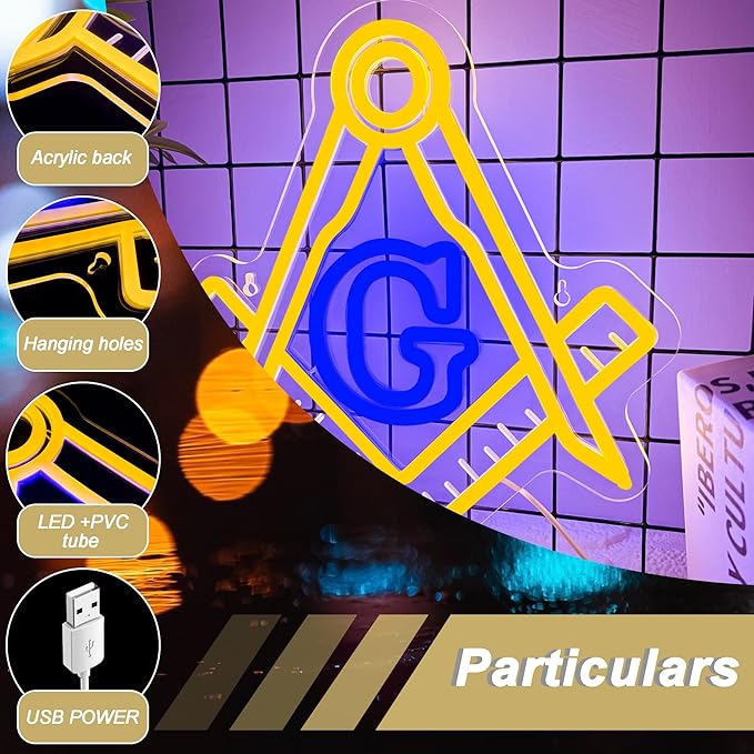 Mutank Masonic Neon Sign, USB Powered Dimmable LED Neon Light Symbolic Decor, for Brotherhood Historical Wall Game Room Study Man Cave Wall Decor, Gifts for Freemasons and Brothers(12.9 * 12.2 In)