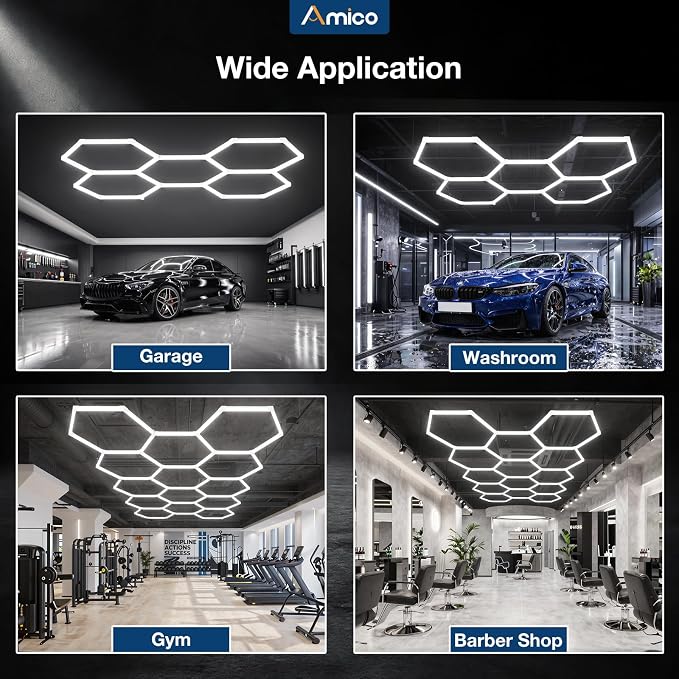 Amico Hexagon Garage Lights Dimmable & Tunable, 1 Hex Grid, Remote & Timer | 10-100% Stepless Dimming, 3500K-6500K Adjustable, 48W 6000LM Honeycomb LED Ceiling Lights for Garage Workshop Car Detailing
