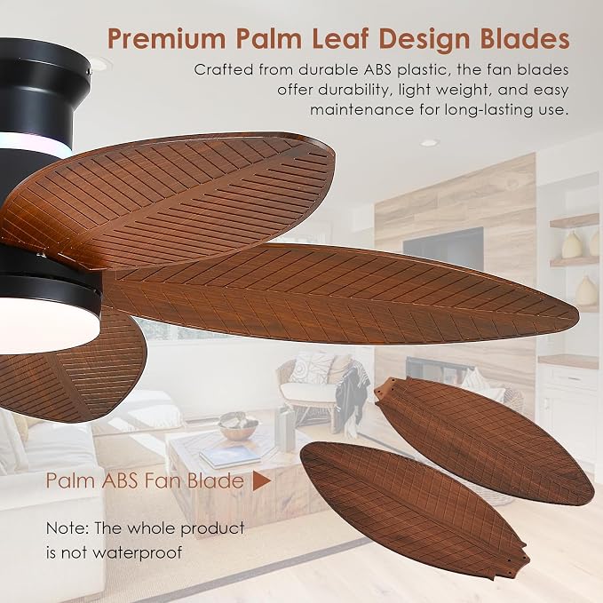 Tropical Palm Leaf RGB Ceiling Fans with Lights 46”, Brown Flush Mount Ceiling Fan with Light and Remote, 3CCT Dimmable LED&&Side RGB Light, Reversible 6 Speeds, Quite Low Profile Ceiling Fan Party