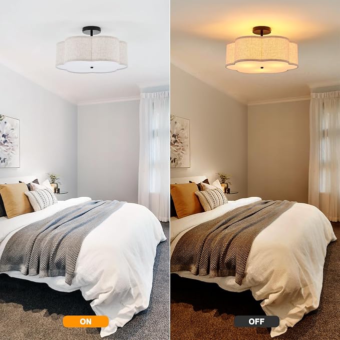 18" Black Semi Flush Mount Ceiling Light, Linen 3-Light Fixture | Beige Linen Petal Shade, Modern Farmhouse Style For Bedroom, Kitchen,Hallway And Laundry; Close-To-Ceiling, E26, Easy Install