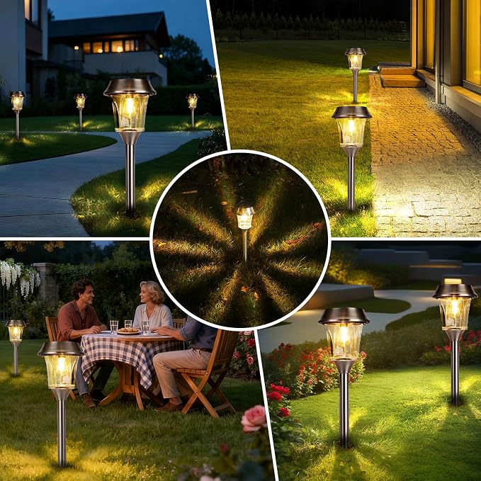 Solar Pathway Lights Outdoor, Landscape Lighting 4 Pack | Stainless Steel & Glas, 12-25 LM Dimmable, Auto On/Off, IP65 Waterproof, Outdoor Lights for Yard, Lawn, Walkway, Driveway