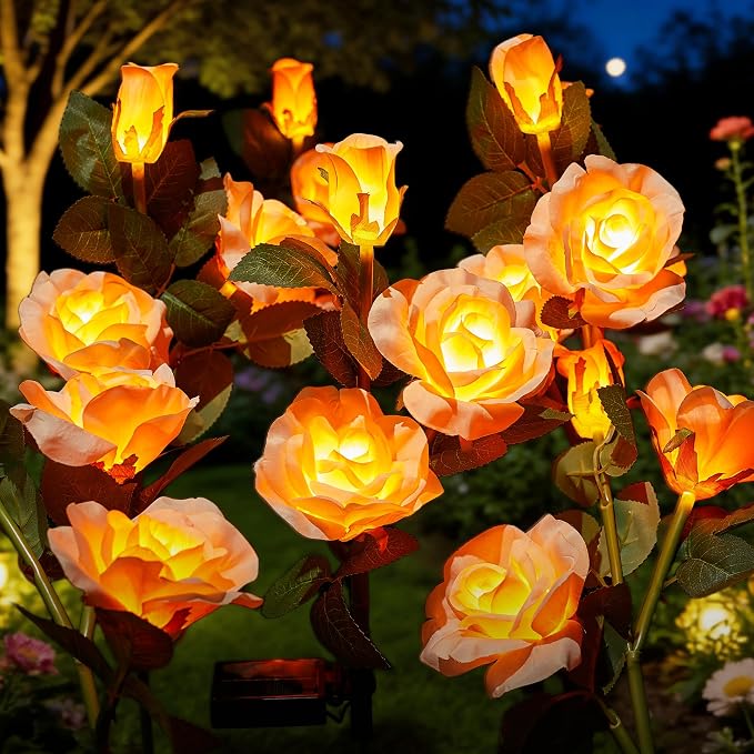 Brightown Solar Garden Lights, 4 Pack LED Rose Flower Lights Waterproof | Larger & Realistic Champagne Rose, Bigger Solar Panel, Waterproof Solar Lights Outdoor for Yard Garden Lawn Pathway Decor
