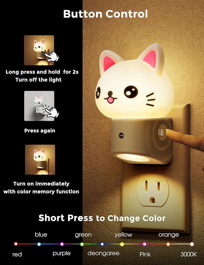 L LOHAS LED Night Light for Kids, 3D Cat Night Light Plug in | Dusk to Dawn Nursery Night Lights, RGB+Soft White 3000K, 3 Lighting Modes, Room Decor, Children
