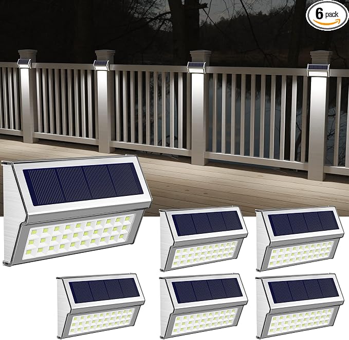 ROSHWEY Solar Lights Outdoor 6 Pack 30 LED Deck Lights Solar Powered Waterproof Outside Stair Light Fence Post Lamp Outdoor Decor for Patio Step Pool Yard Walkway, Cool White Light