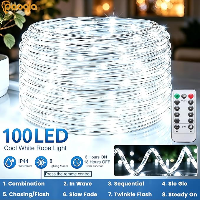 Rope Lights Outdoor, 2 x 100LED Cool White Battery String Lights | Rope Lights Outdoor with 8 Modes Remote&Timer, Waterproof Battery Operated Camping Lights for Car Trampoline