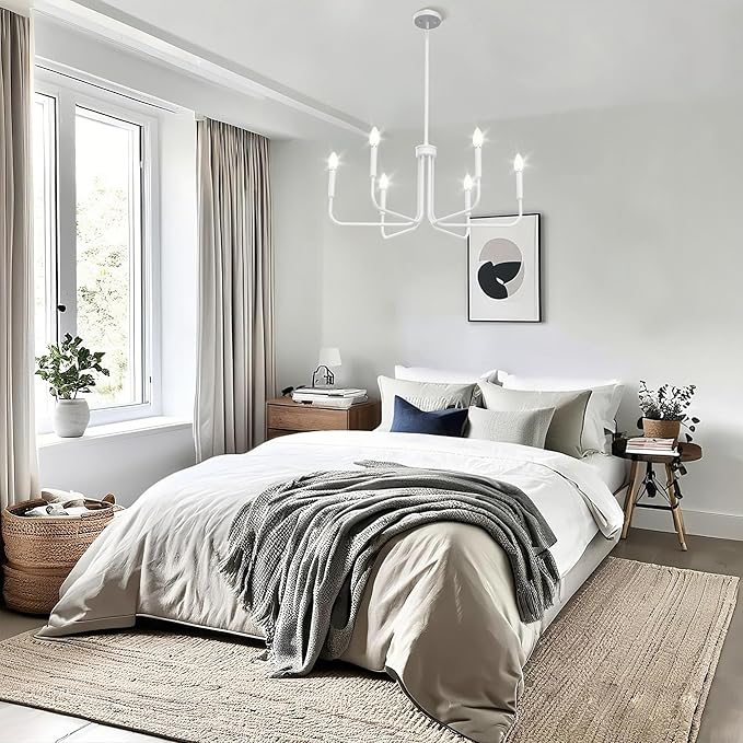 DORESshop Modern Chandelier for Dining Room, 6-Light 28" White Farmhouse Chandelier for Dining Room, Dining Light Fixtures Over Table, Industrial Modern Light for Bedroom Hall Kitchen Living Room