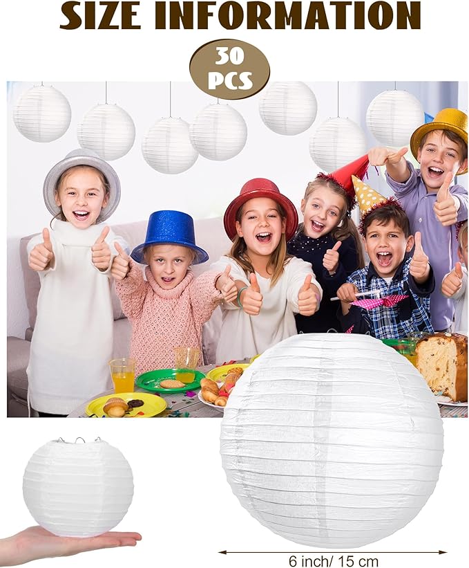 Treela 30 Pack White Chinese Japanese Paper Lanterns Decorative Hanging Ball Round Paper Lantern Lamps for Wedding Birthday Party Home Decorations(6 Inch)