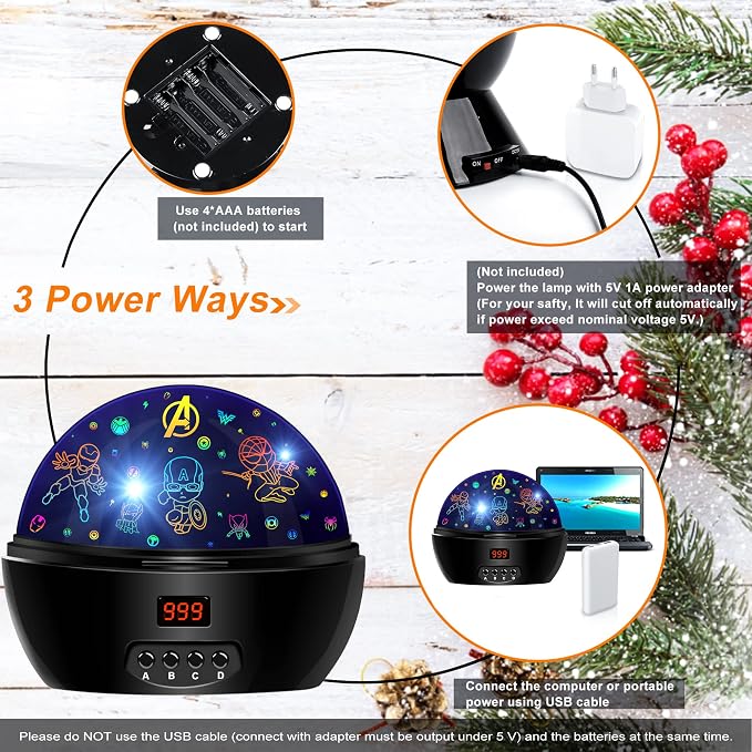 MOKOQI Kid Light Projector Superhero Toys for Boys 5-7 Avengers Night Light | Projector with Timer for Kids Room, 360 Degree Rotation Toddler Nightlights with Spiderman Figurine Star Lamps