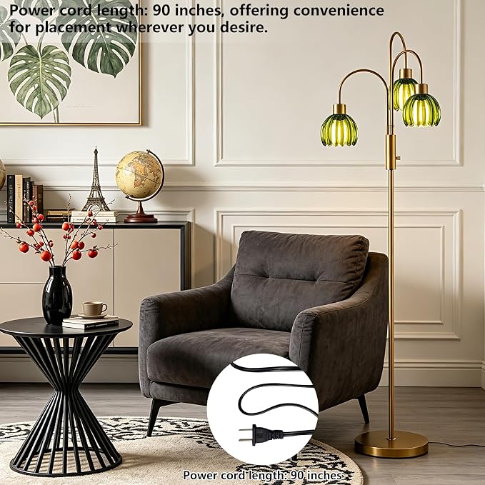 3-Light Glass Floor Lamp, 70" Gold Dimmable Standing Tall Lamp with Green Ribbed Glass Shades &3PCS 3000K Warm White Bulbs, Modern Tree Pole Lamp for Living Room Bedroom Home Office Corner Decor