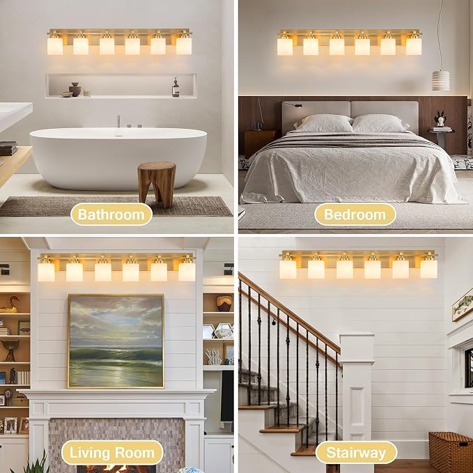 Modern Bathroom Light Fixtures Over Mirror, Vanity Lights for Bathroom Wall Sconces with Milky White Glass Shades, E26 Socket (Bulbs Not Included), 6 Light, Brass