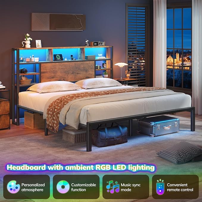 Homkdom King Bed Frame with Storage Headboard and Charging Station,Brown | LED Lights，12.2" Under-Bed Storage，Supports up to 1100 LBS，No Box Spring Needed，Noise-Free,Easy Assembly