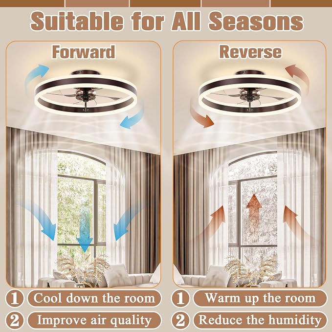 VOLISUN Low Profile Ceiling Fans with Lights and Remote, 19.7in Flush Mount Ceiling Fans with Light, 3000K-6500K Dimmable Fandelier LED Fan Light, Brown Bladeless Ceiling Fans with Lights for Bedroom