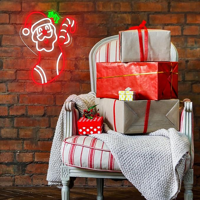 Merry Christmas Neon Sign Dimmable Santa Claus In Stockings Neon Light USB Powered Holly Led Light up Sign for Christmas Eve Party New Year Home Bar（16.5 * 12.6 In）