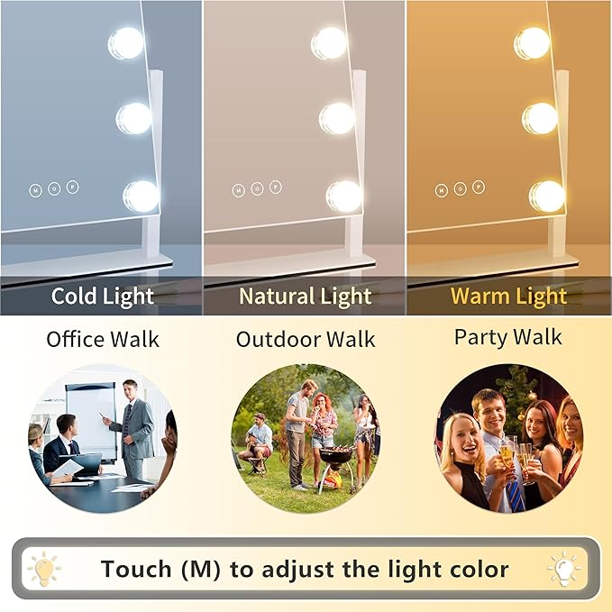 Vanity Mirror with Lights,Lighted Vanity Mirror with 9 Dimmable Bulbs for Dressing Room & Bedroom,3 Color Lighting,Modes Detachable 10x Magnification 360°Ratation(White) 12" L x 14.4" W
