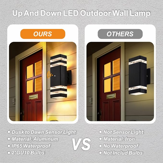 DASTOR Dusk to Dawn Outdoor Wall Light, 3000K Warm White Up and Down Light Outdoor Wall Sconce, Square Aluminum Exterior Light Fixture for Porch Patio Garage