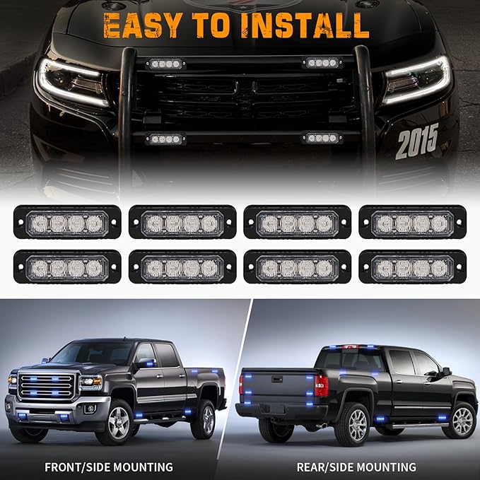 XRIDONSEN 8PCS Sync Blue Grill Emergency Lights 32 LED Grille Surface Mount Firefighter Police Lights Strobe Flashing Warning Safety Hazard First Responder Light for Vehicles Firefighters POV Trucks