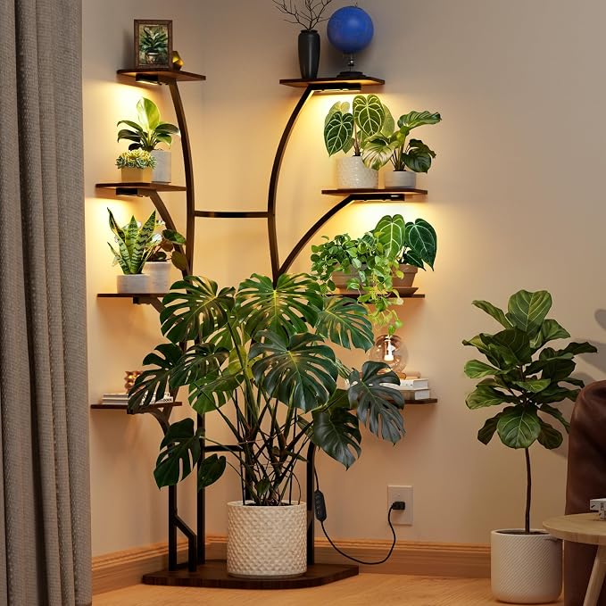 Barrina LS13 Corner Plant Stand with Grow Lights, 9-Tier, Full Spectrum | 63.8" Tall Plant Shelf, Warm T5 Grow Light, Timer, Tree-Shape Corner Flower Holder for Living Room, Home Decor, Gardening