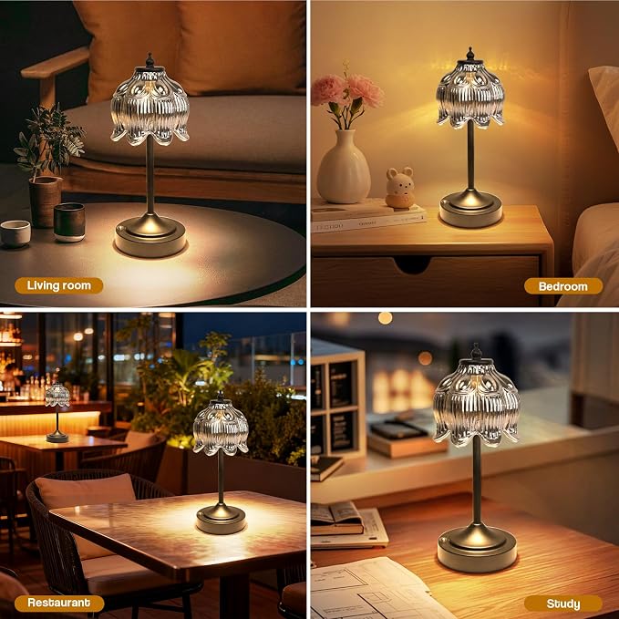 Cordless Table Lamp, Rechargeable Black Glass Lotus Flower Lamp | 5200mAh touch lamp with 3 color modes and stepless dimming, battery operated lamp for nightstands and kitchen counters