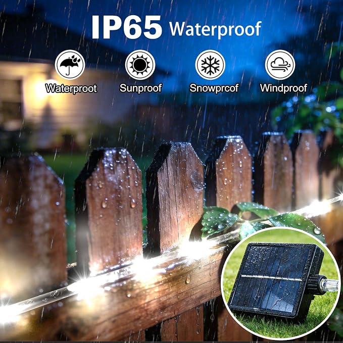 KNONEW Solar Rope Lights Outdoor 300LED 50FT Solar String Lights Outside Waterproof with Modes Clear Thin Tube for Pool Tree Patio Garden Fence Camping Yard Deck Trampoline（Cool White）