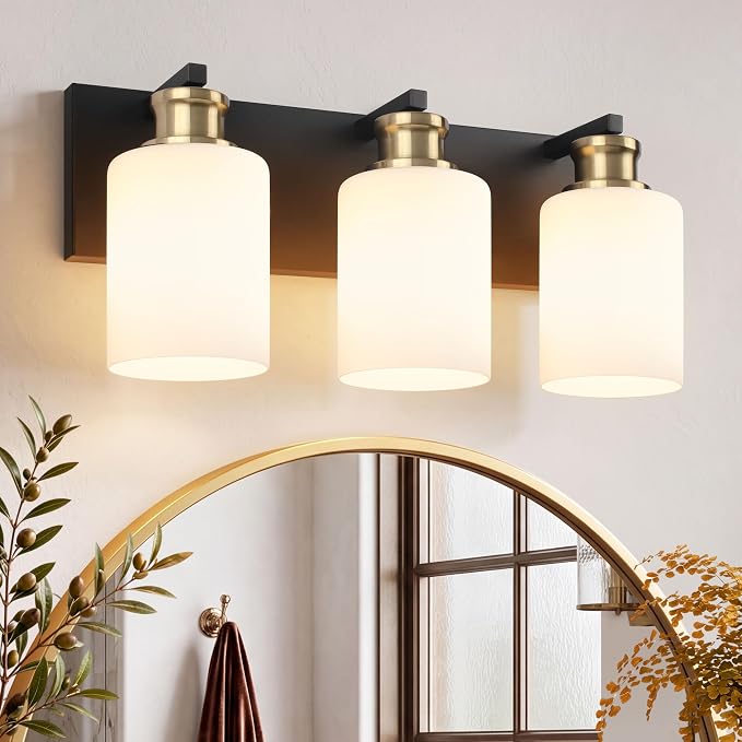3-Light Bathroom Vanity Light, Black and Gold Vanity Lights for Bathroom | Bathroom Light Fixtures over Mirror with White Glass Shade, Modern Vanity Light Fixture, Wall Sconces Lighting, 16.5 Inch