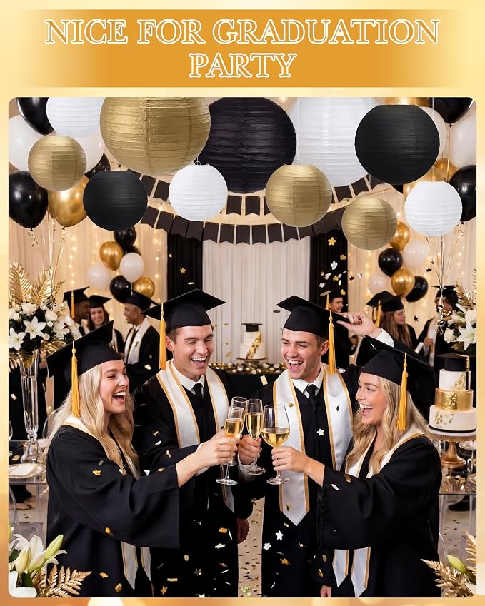 Treela 48 Pcs Paper Lanterns Party Decorations Round,Gold,Black,White