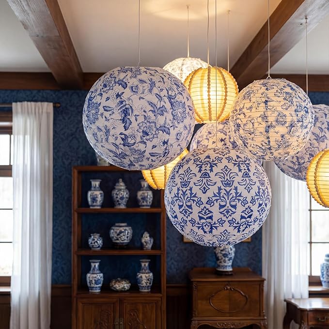 12 Pcs Chinoiserie Party Decor Blue White Porcelain Paper Lantern | 10", Blue and White Porcelain Paper Lantern, Chinese Hanging Decor for Classroom Wedding Birthday Party Baby Shower Home