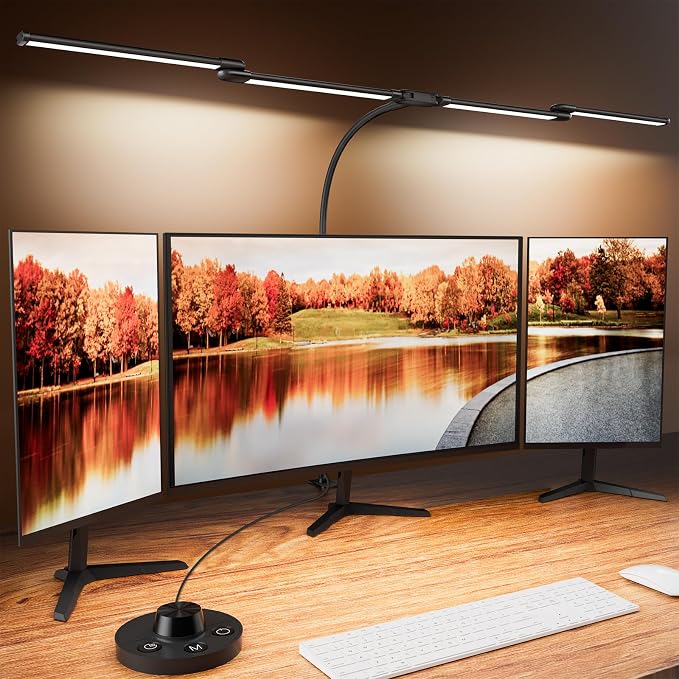 Desk Lamp Clamp Light 24W, Ultra Wide 4 Head Bars, 5 Color Modes Dimming, Multi-Screen Setup for Office, Architect, Black, Aluminum, Adapter Included