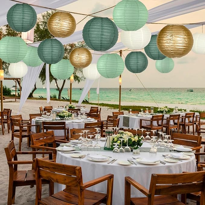 Paper Lanterns Party Decorations 15pcs - Sage Green Dark Green Gold White Round Hanging Decor for Rustic Wedding Graduation Bridal Shower Birthday Baby, Large Assorted Sizes 4-12 Inch