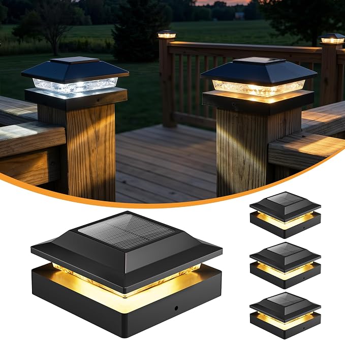 4x4 Solar Post Cap Lights 4-Pack, Dual Color LED Lights for Wood/Vinyl Post | For Decorate Patio Porch Garden, 2 Color Modes(Warm/Cool), Auto Sensor, Easy Install on 4x4 Wood/Vinyl Posts, Waterproof