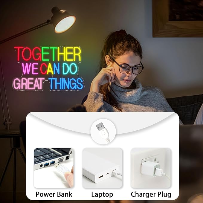 Together We Can Do Great Things Neon Sign Multicolor Encourage Letter Neon Light for Wall Decor Dimmable Positive Affirmation LED Light Sign for Wedding Party Store Home Birthday (16.54*10.63)