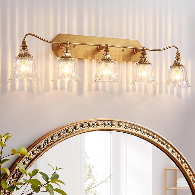 Bathroom Vanity Gold Light Fixture, 5 Lights Bathroom Lighting Matte Antique Brass Finish with Crystal Glass Shade, Gold Vintage Vanity Light for Bathrooms